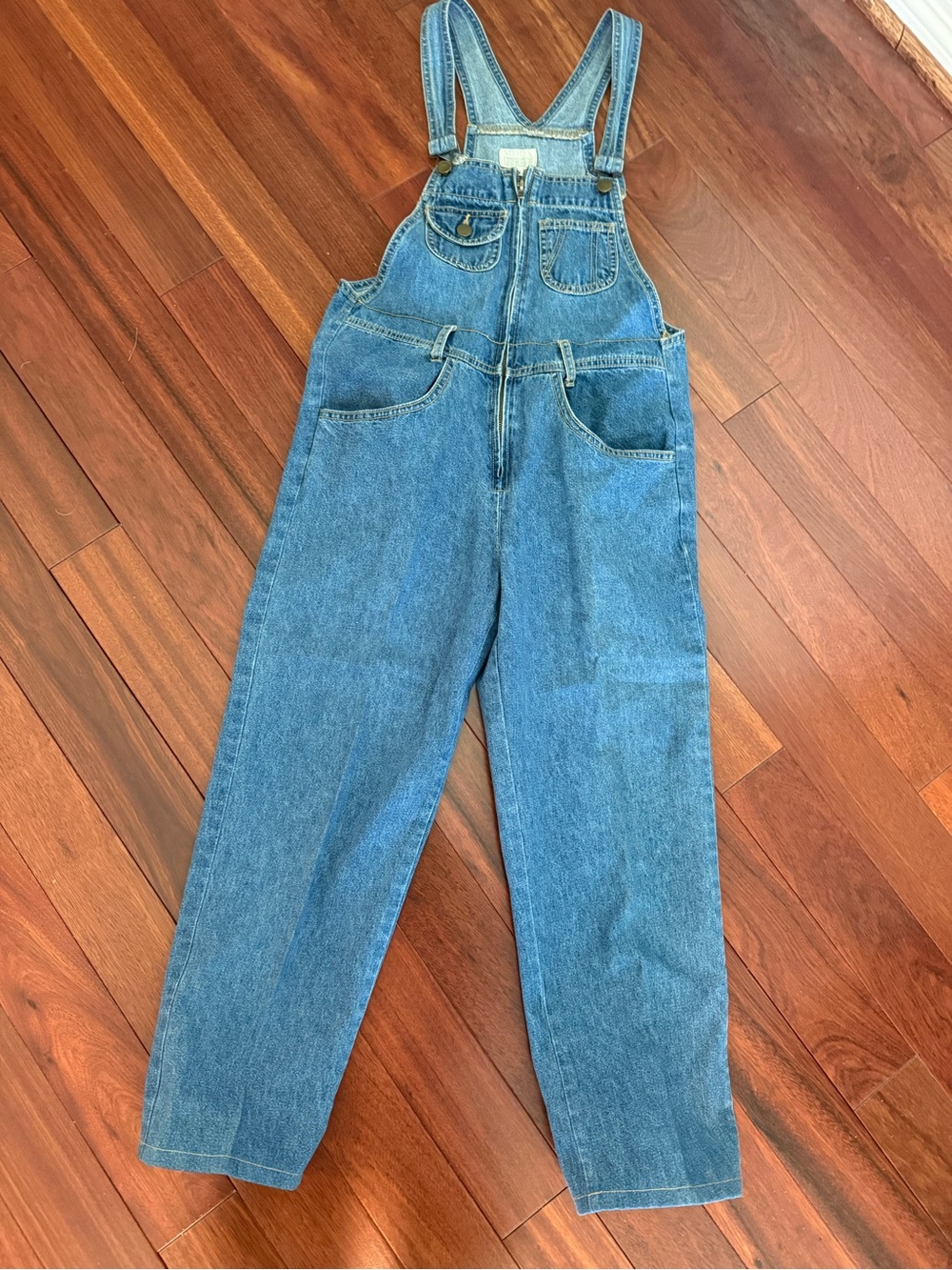 RARE Moda INTL XS Denim Jean Bib Overalls Zip Up Belt Loops Y2K Side Buttons